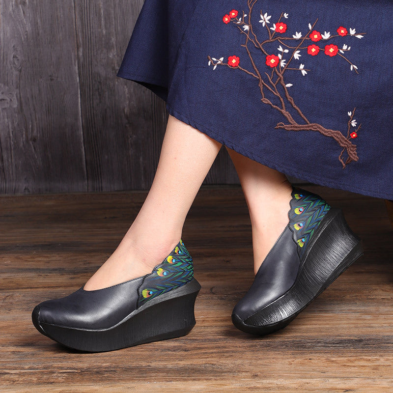 Hand-Painted Peacock Feather Platform Wedge Vintage Leather Shoes