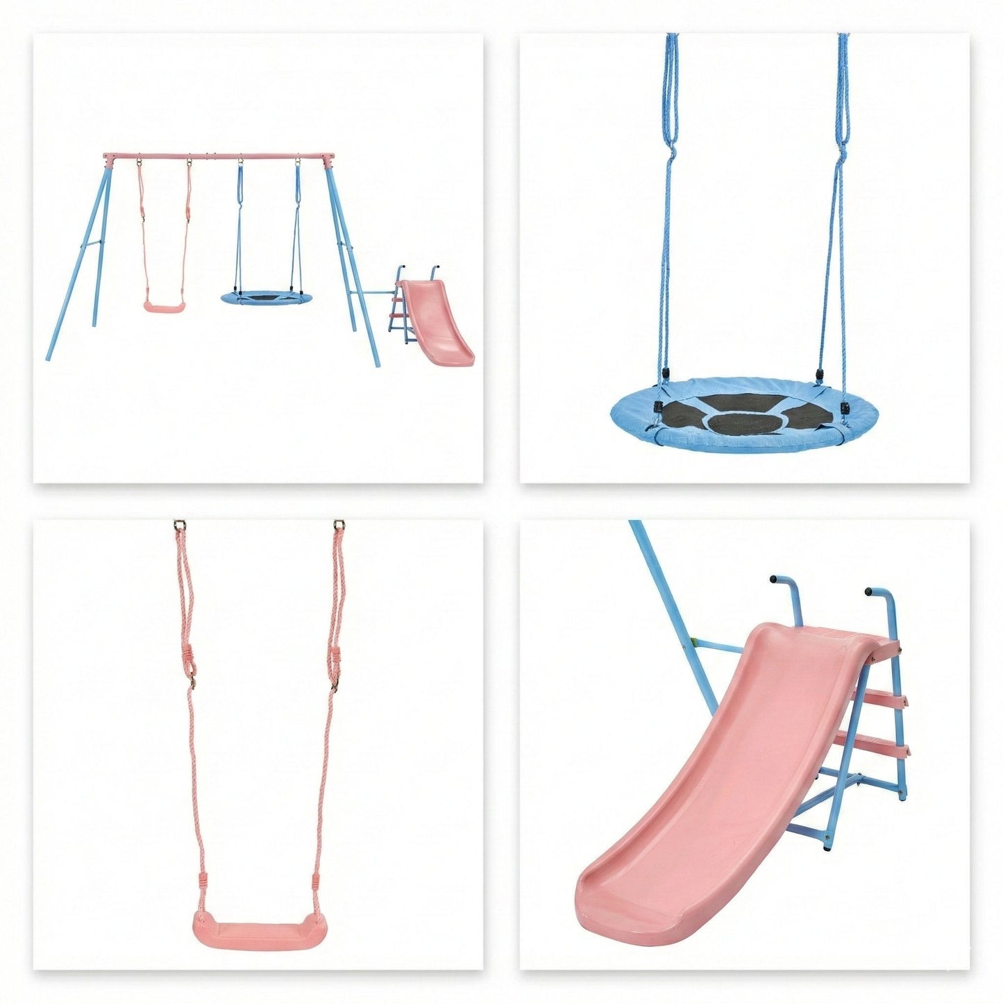 Xns107 - 2 Swing Set With Slide For Outdoor - Blue / Pink