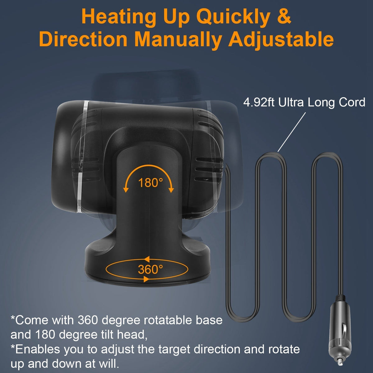 24V 160W Portable Car Heater & Fan | 2-in-1 Rotating Defroster/Demister with 4.92ft Cord