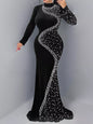 Rhinestone Embellished Velvet Mermaid Evening Maxi Dress