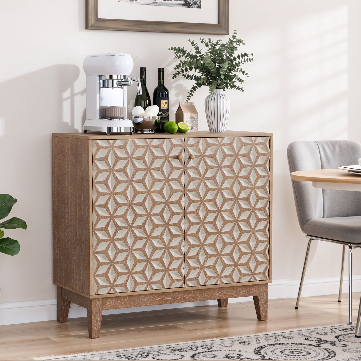 Geometric Design Sideboard With 2 Doors And Adjustable Shelves - Tangerine / Walnut