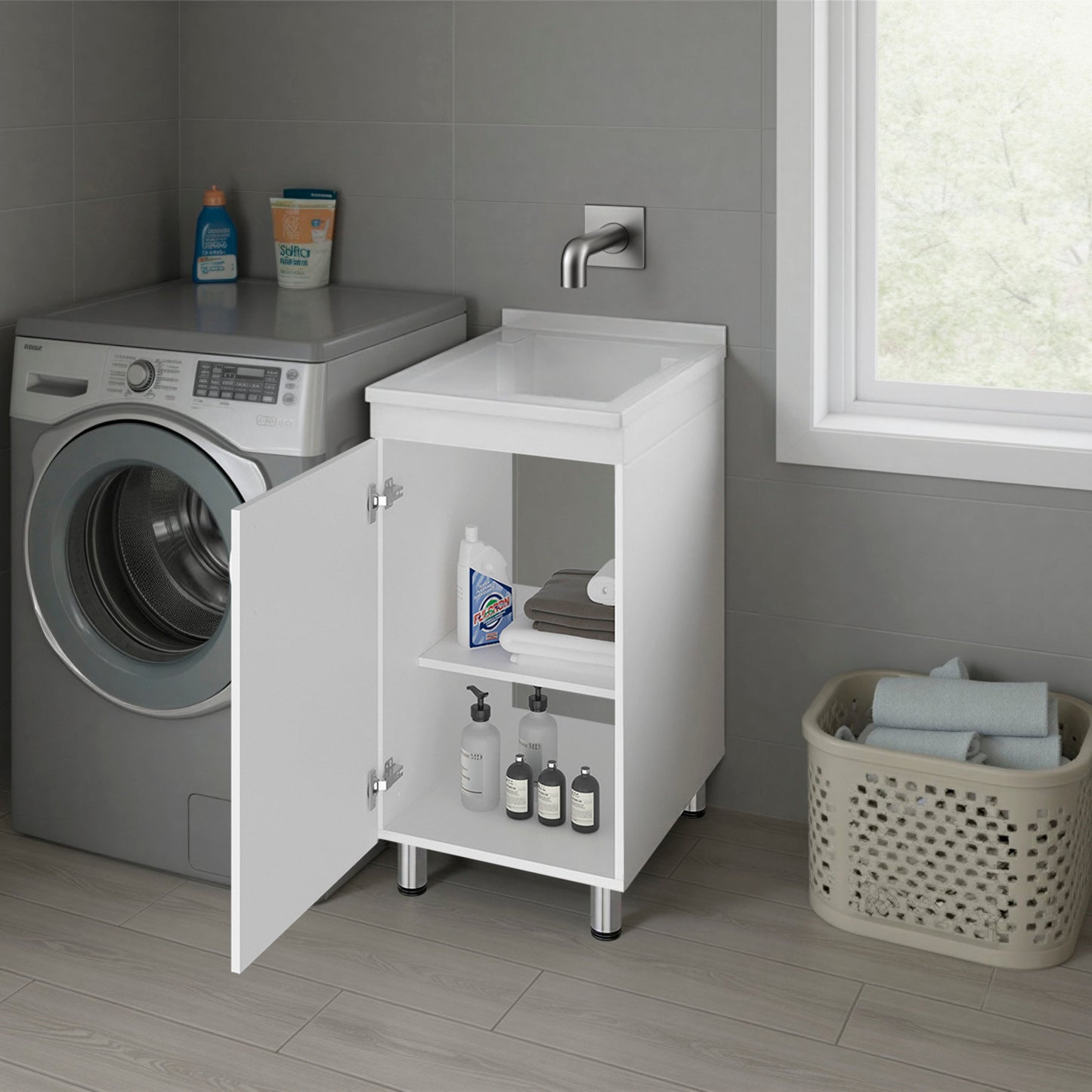 Slee Compact Utility Sink Cabinet with Storage and Metal Legs for Laundry Room
