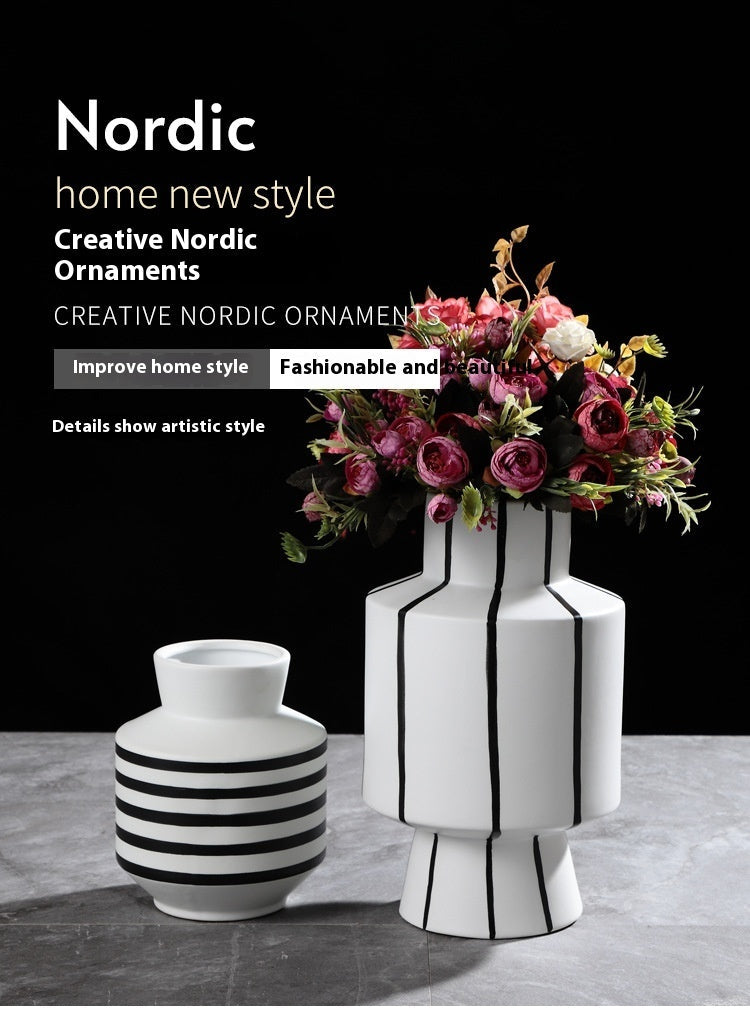 Black And White Striped Ceramic Vase Light Luxury Modern Home