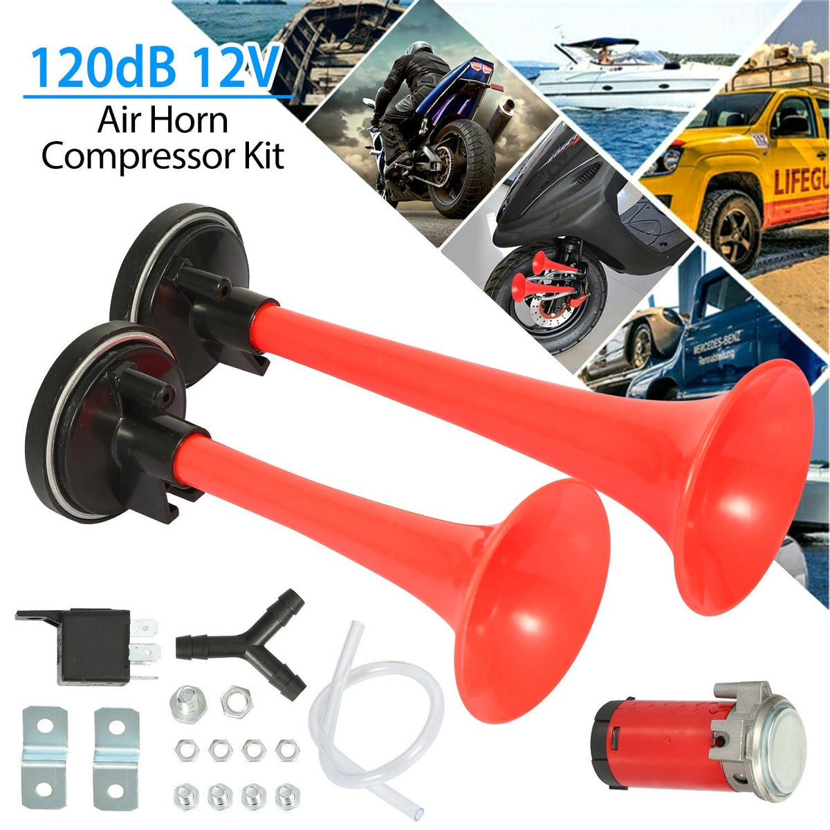 Air Horn Dual Trumpet 12V 115DB Loud Boat Motorcycle Truck Air Horn Compressor Kit
