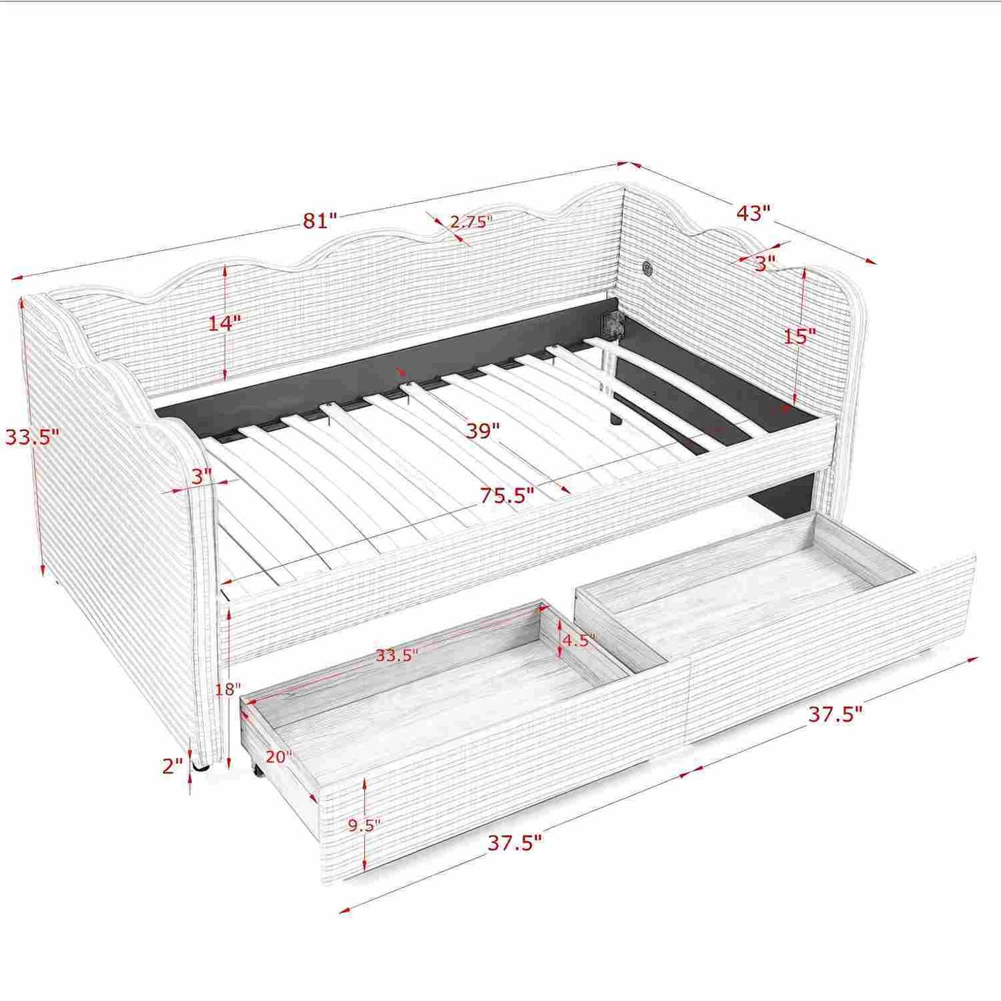 Gingham Daybed With USB Charging Port, Wave-Shaped Design