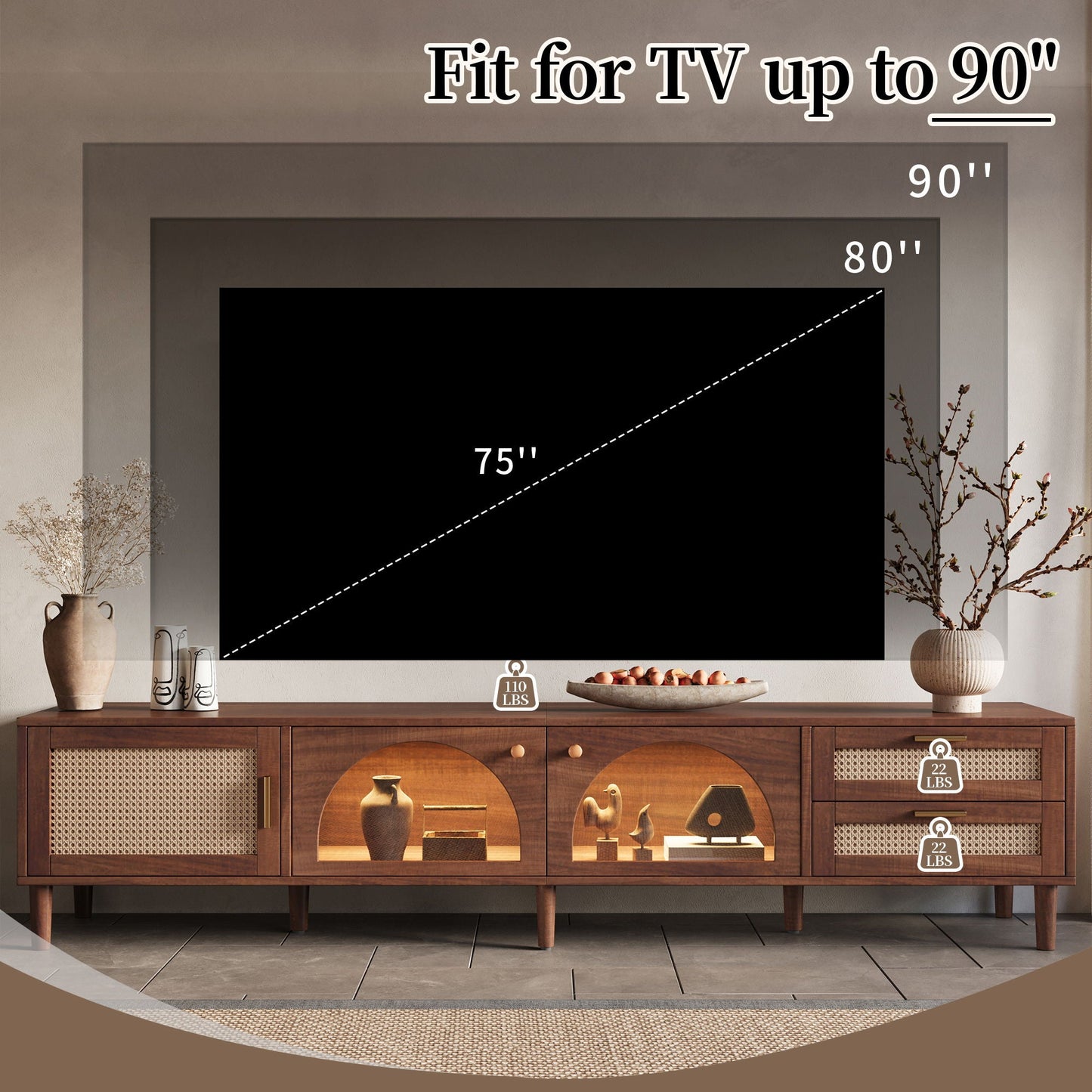 TV Stand For TVs Up To 90", Media Console With App Controlled LED Lights, 2 Drawers & Door Storage - Dark Brown