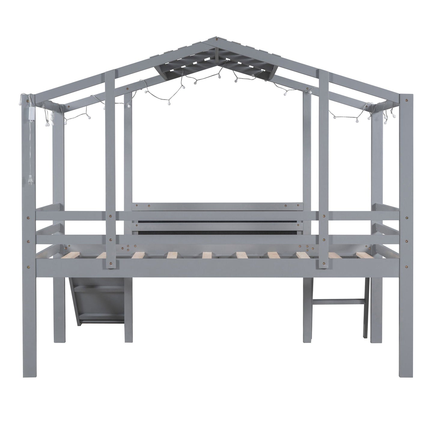 Loft House Bed With Ladder And Slide, With board And Light Strip On The Roof