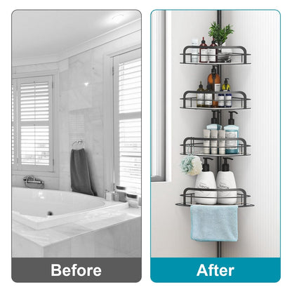 Rust-Resistant Corner Shower Caddy For Bathroom 4 Height Adjustable Shelves With Tension Pole Towel Bar Hanging Hook Floor Standing Bath Storage Rack
