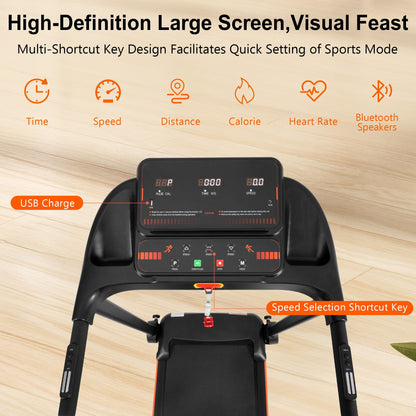 2.5Hp Quiet Folding Treadmill With Heart Rate Sensor, 300Lbs Weight Capacity, With USB Charge Station For Android & Bluetooth Speaker, 6 Shock Absorbing - Black