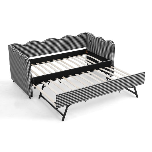 Gingham Daybed With USB Charging Port, Wave Shaped Design