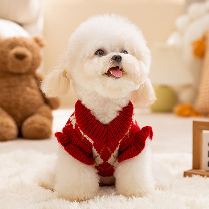Thick And Warm Diamond-shaped Embroidered Cherry Small Flying Sleeve Sweaters For Dogs In Autumn And Winter, As Well As Pet Clothes For Small And Medium-sized Dogs And Cats