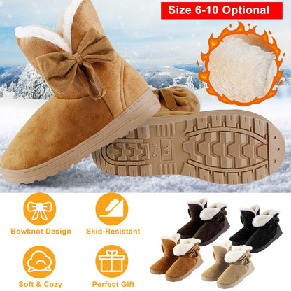 Women Ladies Snow Boots Super Soft Fabric Mid-Calf Winter Shoes Thickened Plush Warm Lining Shoes w/ Anti-slip Rubber Base Bowknot