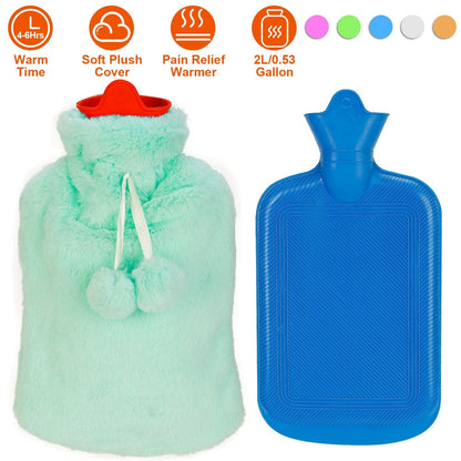 2L Hot Water Bottle w/ Plush Cover Classic Natural Rubber Hot Water Bag Feet WarmerÊFor Pain Relief Hot Compress Heat Therapy Warm Neck Shoulders