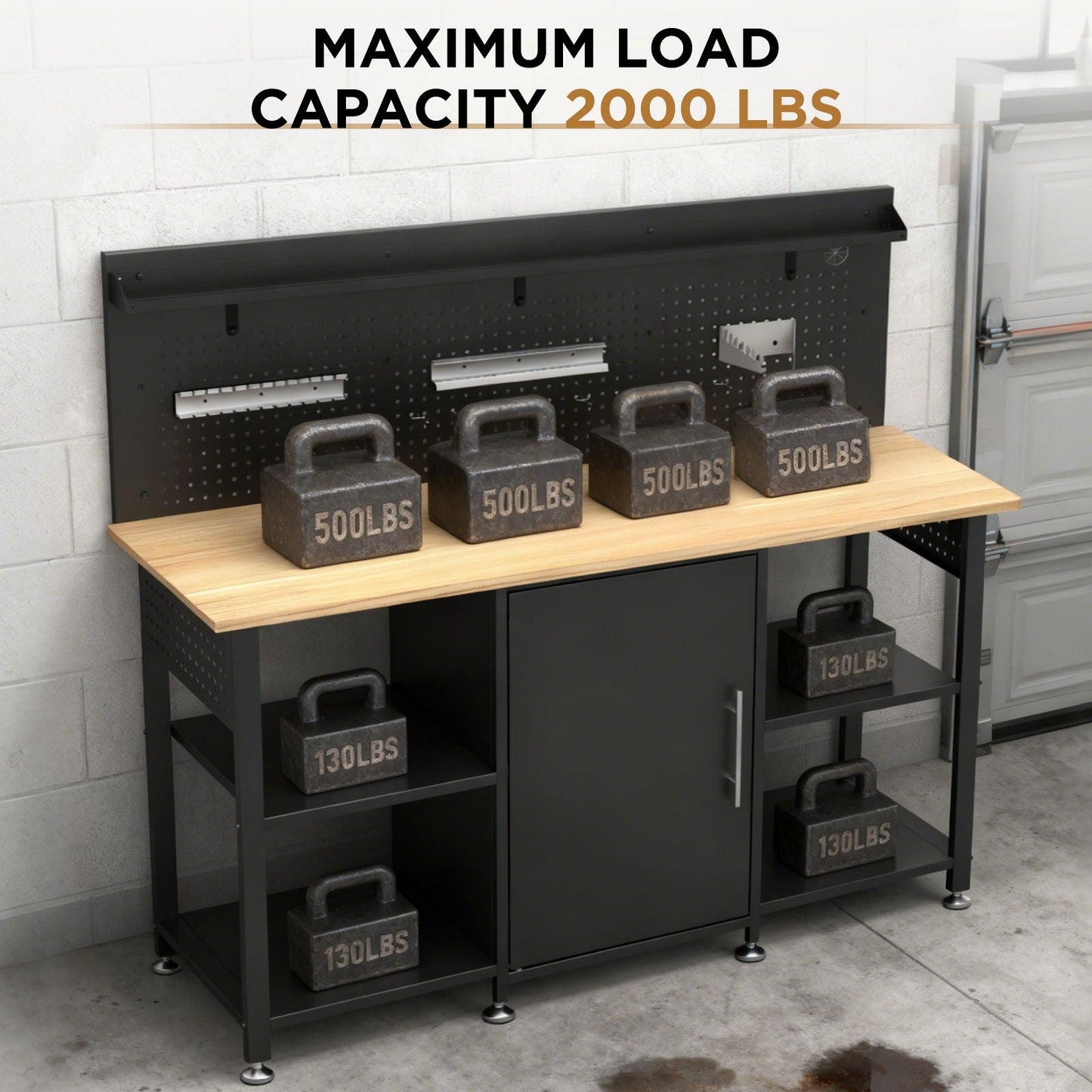 Workbench With Storage Cabinet And Pegboard - Black