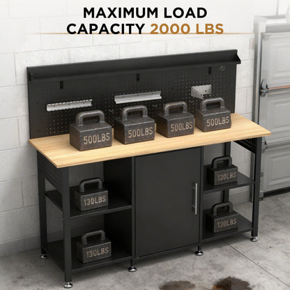 Workbench With Storage Cabinet And Pegboard - Black