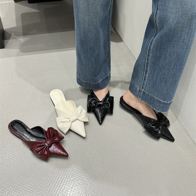 Women New Spring Summer Pointed Toe Bow V-Cut Mules, Elegant Flat Closed Toe Slide Sandals For Outdoor Wear