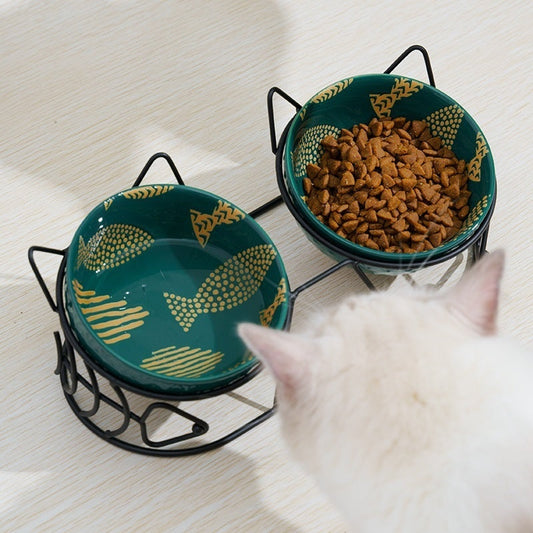 Pet Cat Bowl Ceramic Double Bowl Protection Cervical Spine Fixed Tilt