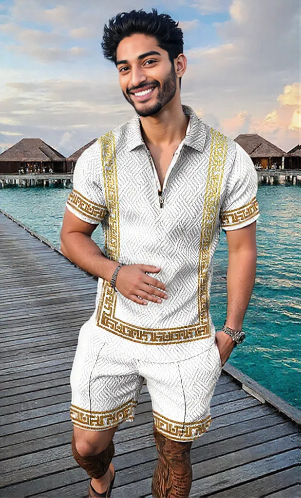 Men's Summer Fashion 3D Printed Short Sleeve Geometric Zip Lapel Shirt Set