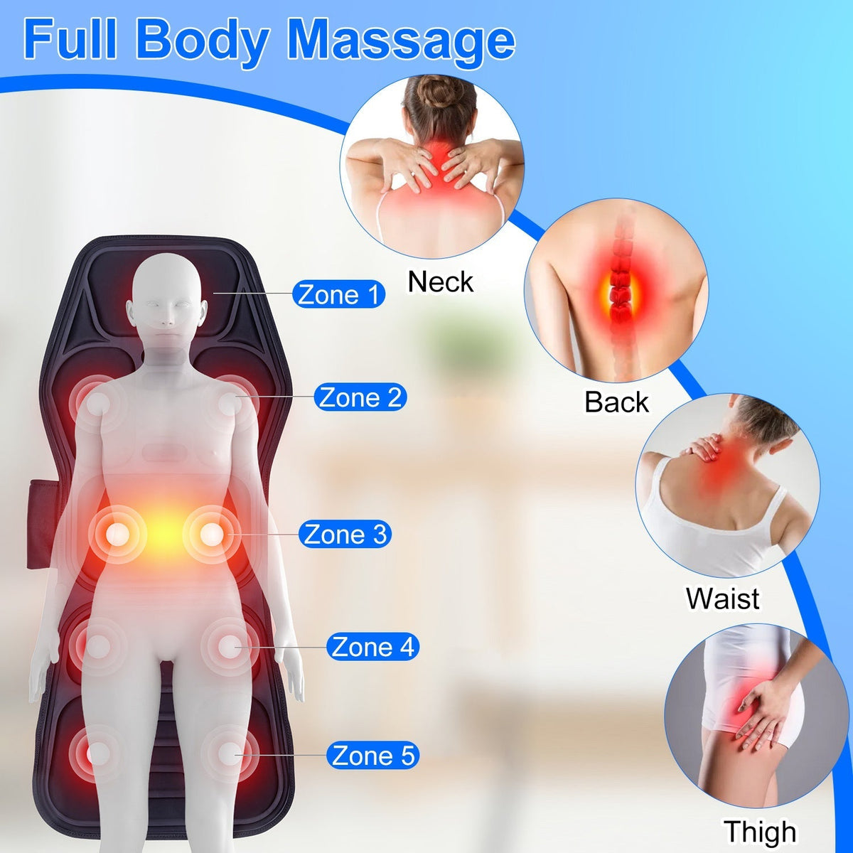 Full Body Massage Chair Pad with Heat Multifunctional Back Massager with Pinpoint Massage Vibration Timer for Home Office Car Use