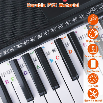 61-Key Piano Keyboard Stickers Removable Piano Key Labels PVC Piano Notes Guide without Glue for Beginners Kids