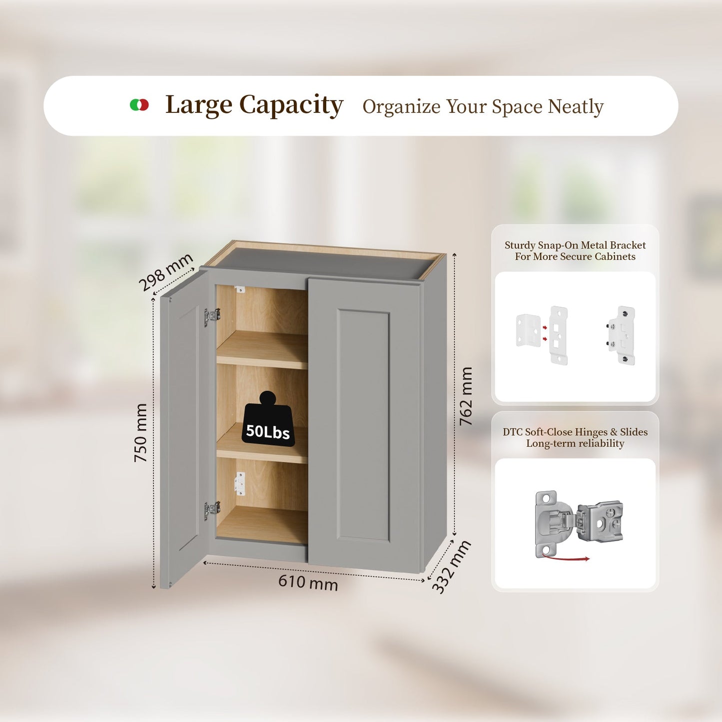 Gray Shaker Solid Wood Wall Cabinet with Soft-Close Doors