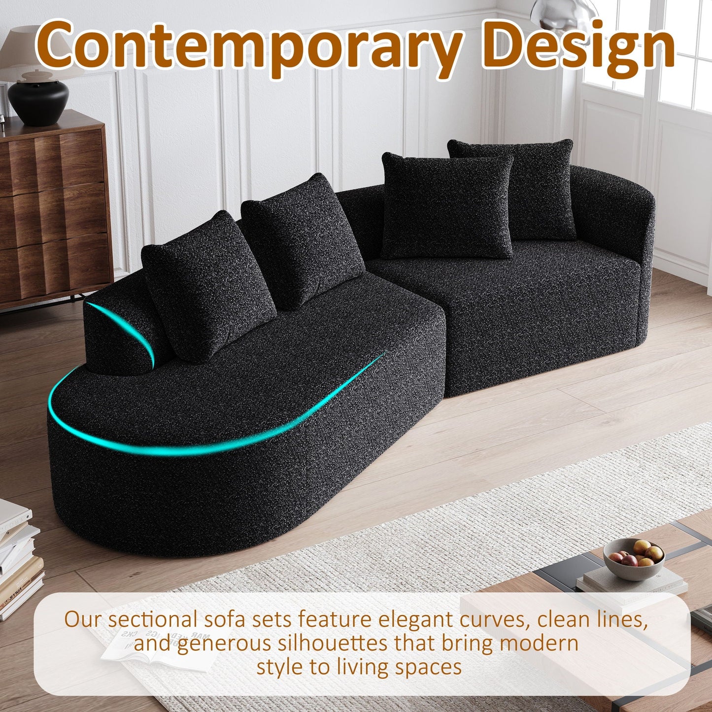 Upholstered Oversized Sectional Sofa, 4 Seater Extra Deep & Wide Seat Curved Cloud Couch With 4 Throw Pillows, Free Combination Living Room - Black