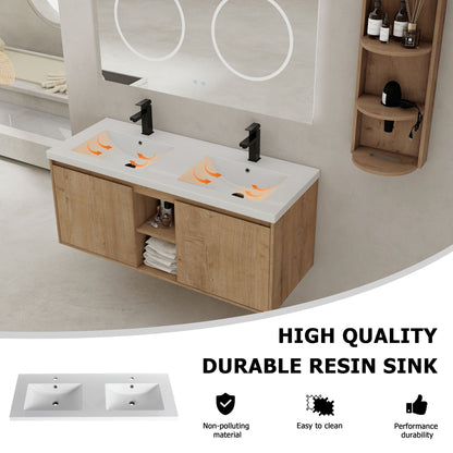 48" Wall Mounted Bathroom Vanity With Double Resin Sink And Storage Rack Soft Close Doors - Imitative Oak