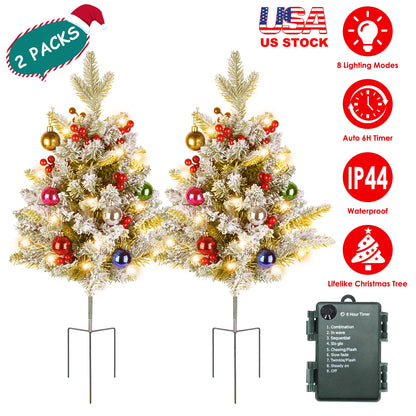 2Pcs Battery Powered Lighted Christmas Tree Urn Filler With Light Artificial Xmas Trees Light with Berries Balls LED Pathway Pine Tree IP44 Waterproof