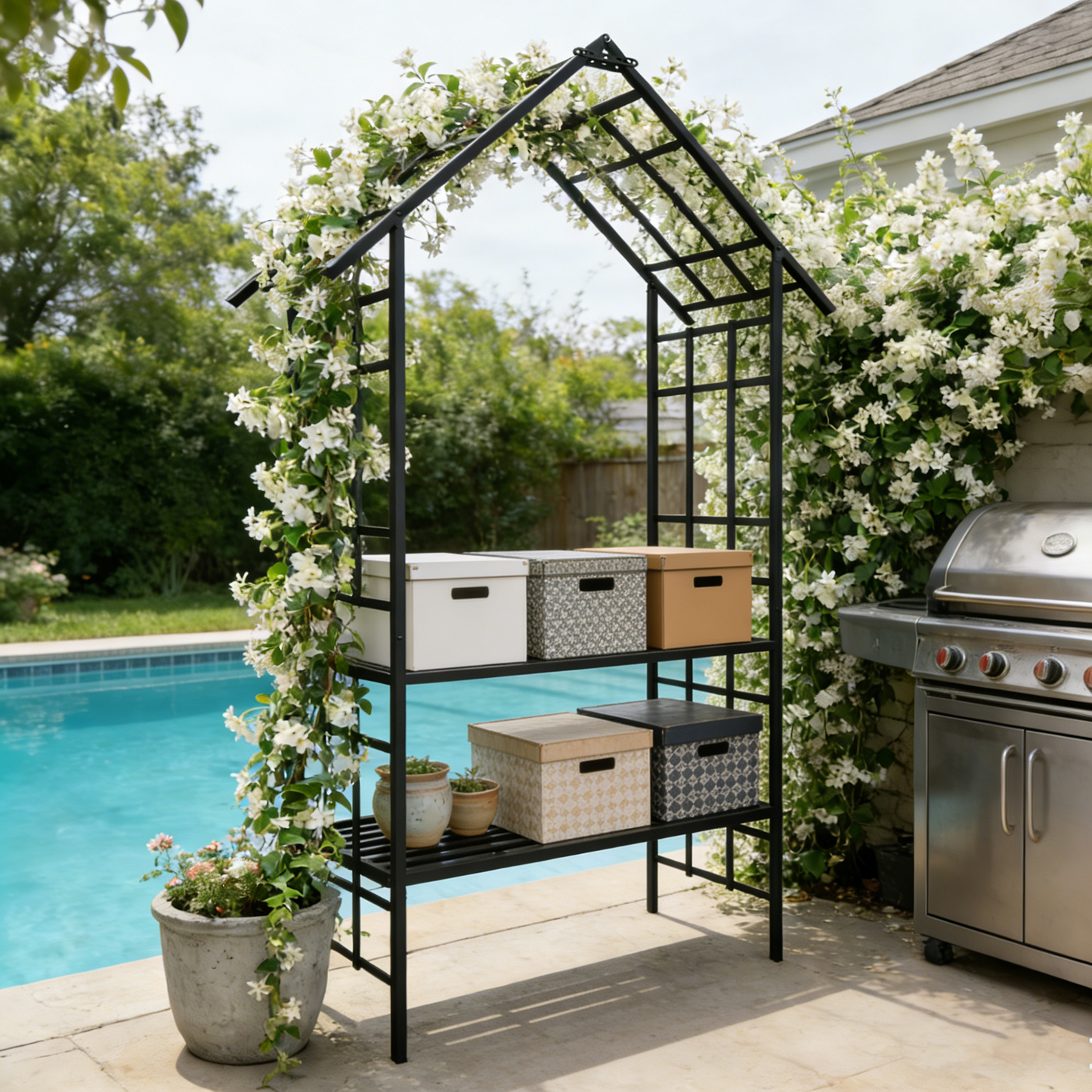 Metal Garden Arch with Bench Turned into Flower Stand