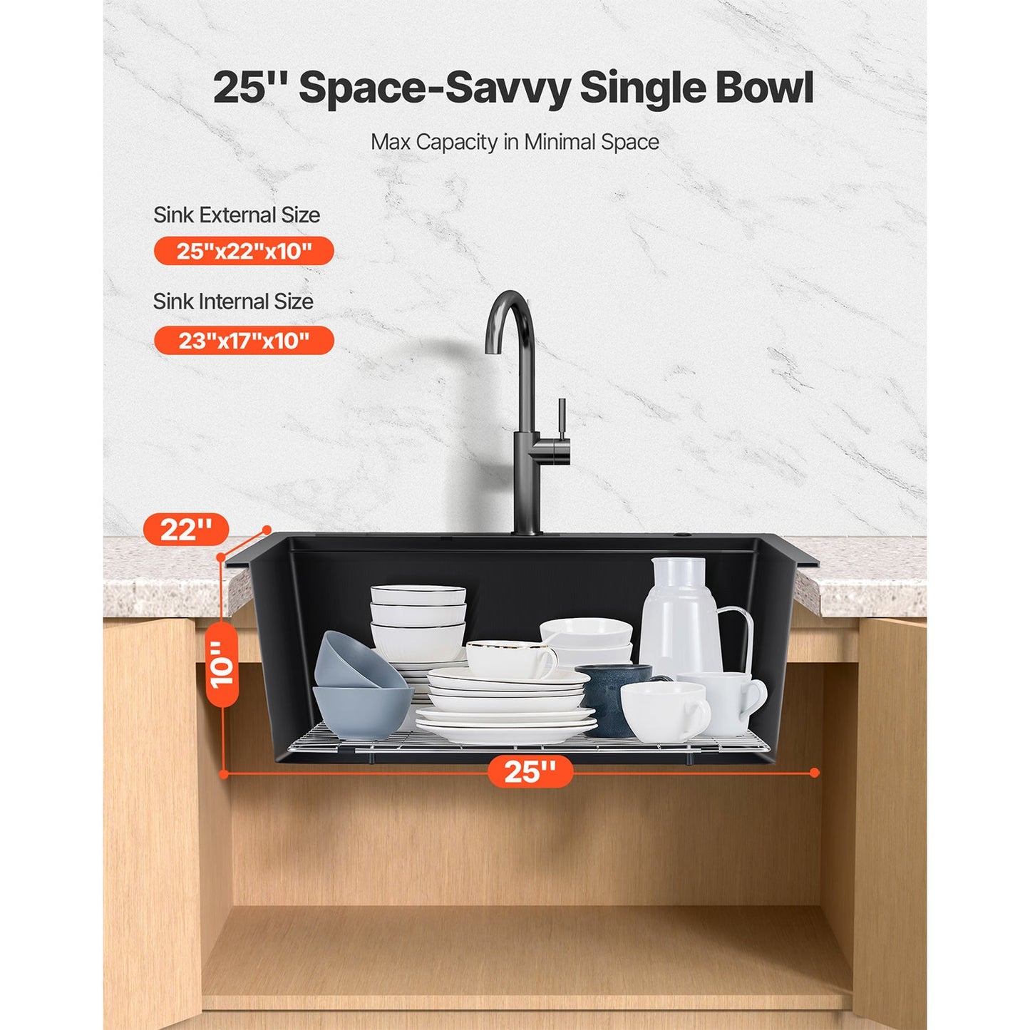 25 Inch Granite Kitchen Sink Top Mount Single Bowl Drop-In Basin for RV Bar