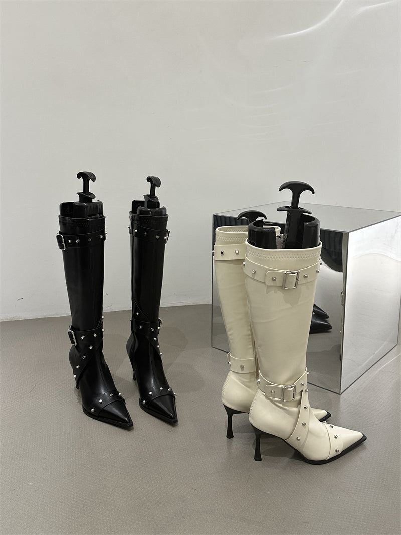 Women's Pointed Toe High Heel Knee-High Knight Boots, 2026 New Autumn Winter Slim Fit Boots, Vintage Studded Boots With Belt Buckle