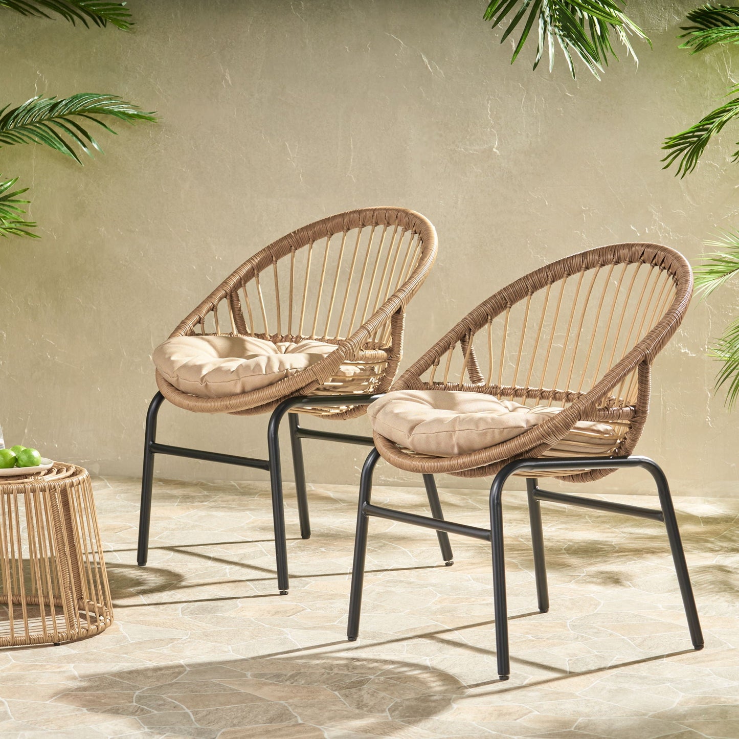Outdoor Accent Chair With Curved Back And Basket Frame (Set of 2) - Light Brown / Beige