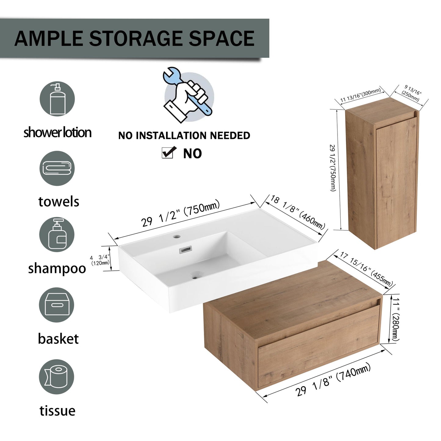 Modern Wall Mounted Bathroom Vanity With Resin Sink And Side Cabinet, Soft Close Drawer, Imitative - Imitative Oak