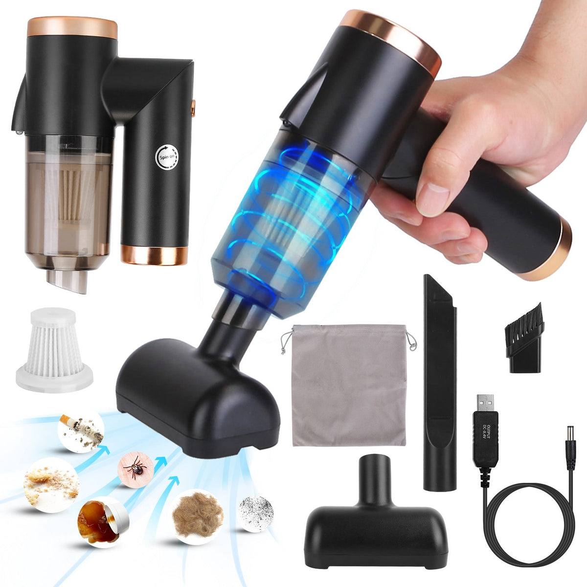 3 In 1 Cordless Handheld Vacuum Cleaner with Searchlight 120W 9000PA Portable Foldable Rechargeable Vacuum Car Home Duster with Brush Nozzle Long Nozz