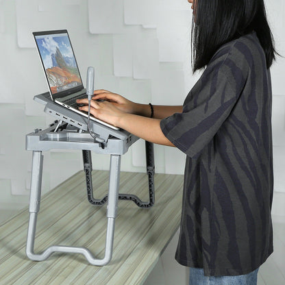 Foldable Laptop Table Bed Notebook Desk w/Cooling Fan Mouse Board LED light 4 x USB Ports Breakfast Snacking Tray with Storage Groove For Home Office