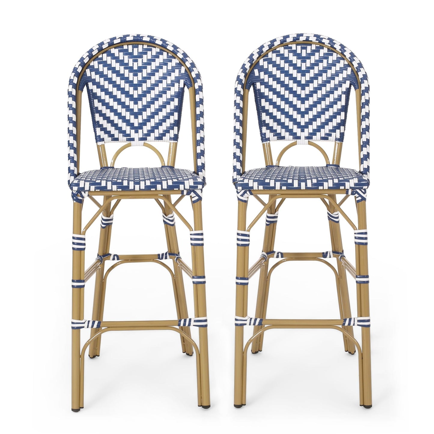 Outdoor Rattan French Barstool Set - Navy Blue & White