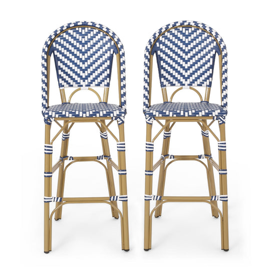 Outdoor Rattan French Barstool Set - Navy Blue & White