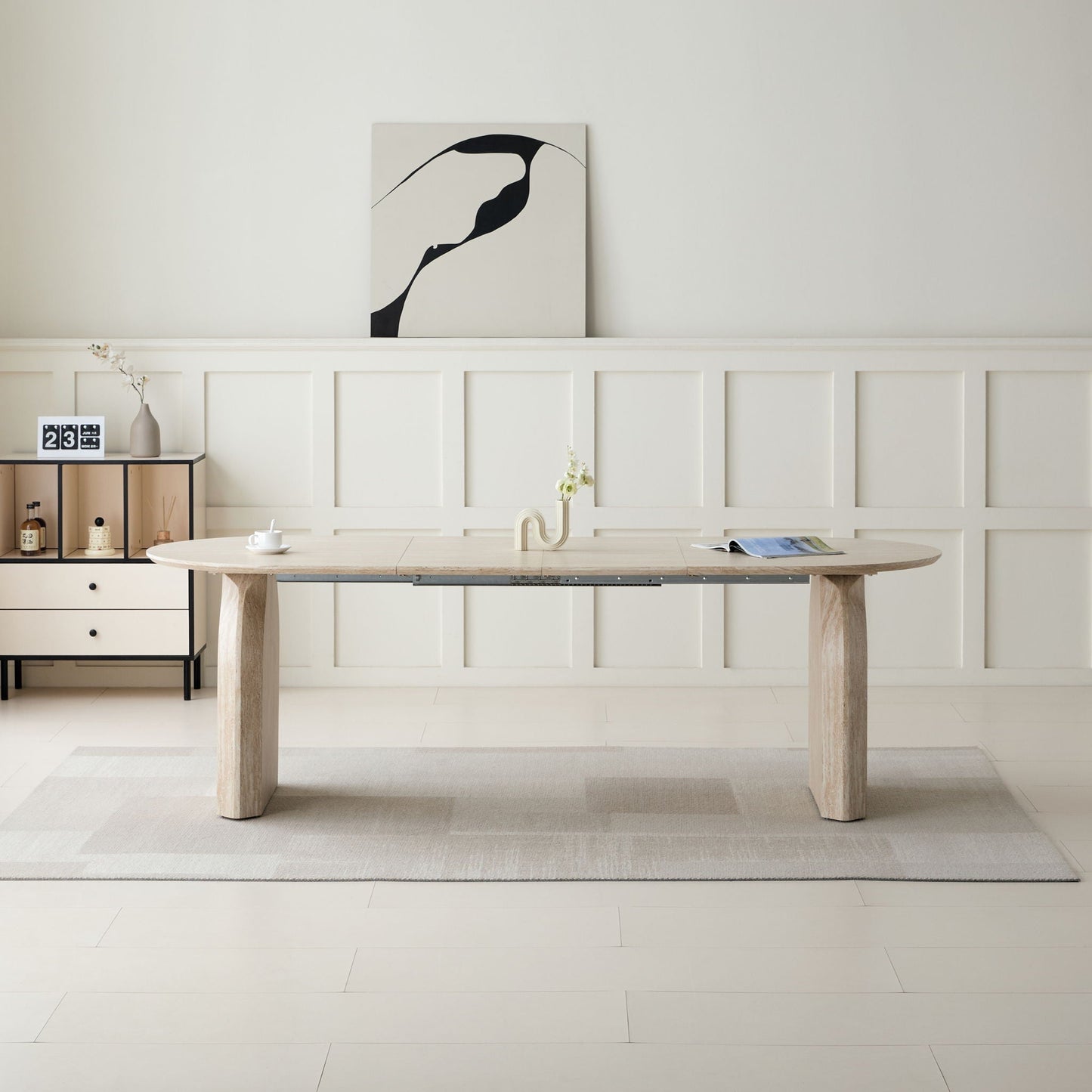 Oval Extendable Dining Table With Dual Pillar Design - Off White