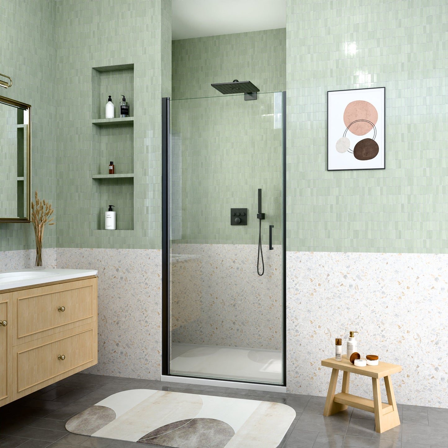 24" W x 72" H Semi-Frameless Circular Pivot Shower Door in Matte Black