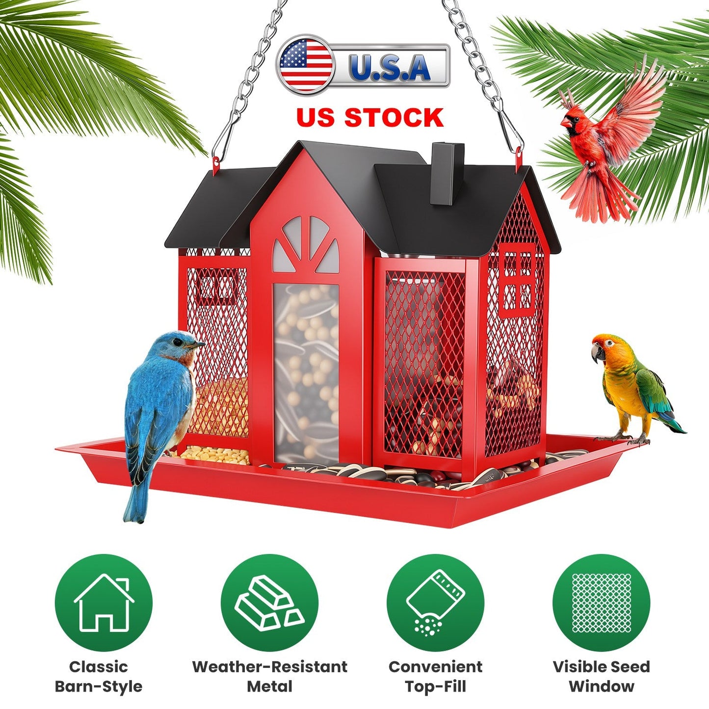 Barn Bird Feeder with Lift Top Lid and Viewing Window