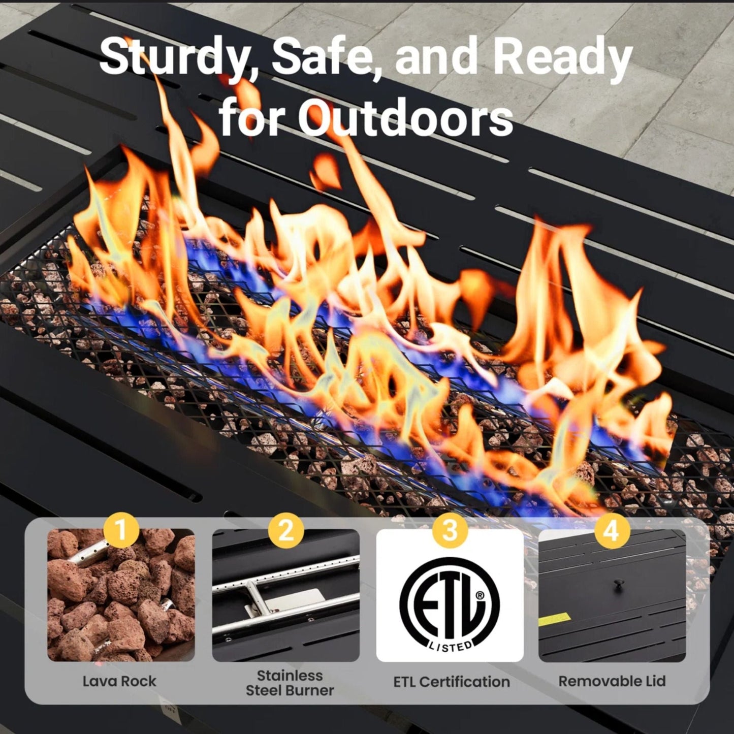 Outdoor 2 In 1 Propane Fire Pit Table With Lid & Glass Shield, Rectangular Fire Table, Lava Rock & Cover - Black
