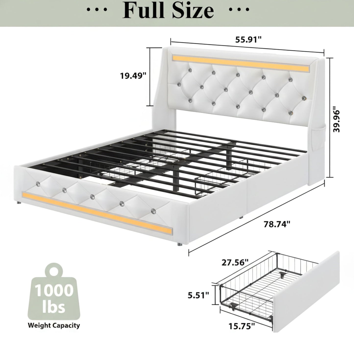 Wingback Upholstered Bed Frame With LED Lights, Charging Station