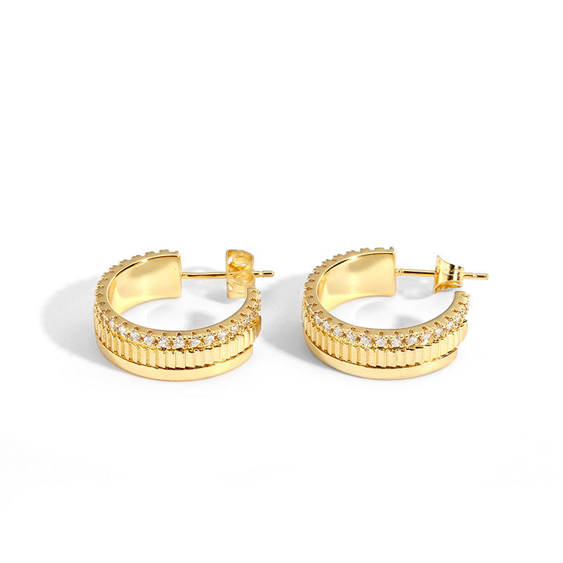 New Ace Luxe 14K Gold Zircon Gear Hoop Earrings | Stylish Ribbed Gold Huggies with Cubic Zirconia Accents