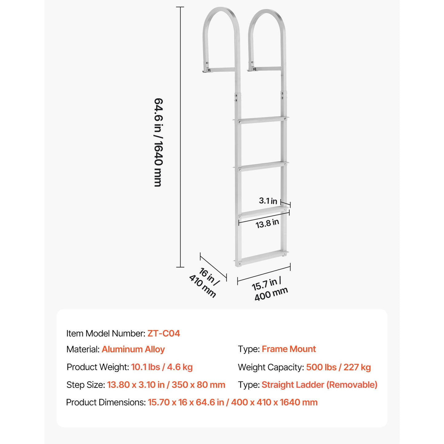 Removable Dock Ladder, 4 Steps, Aluminum Alloy Pontoon Boat Swim Ladder