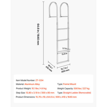 Removable Dock Ladder, 4 Steps, Aluminum Alloy Pontoon Boat Swim Ladder