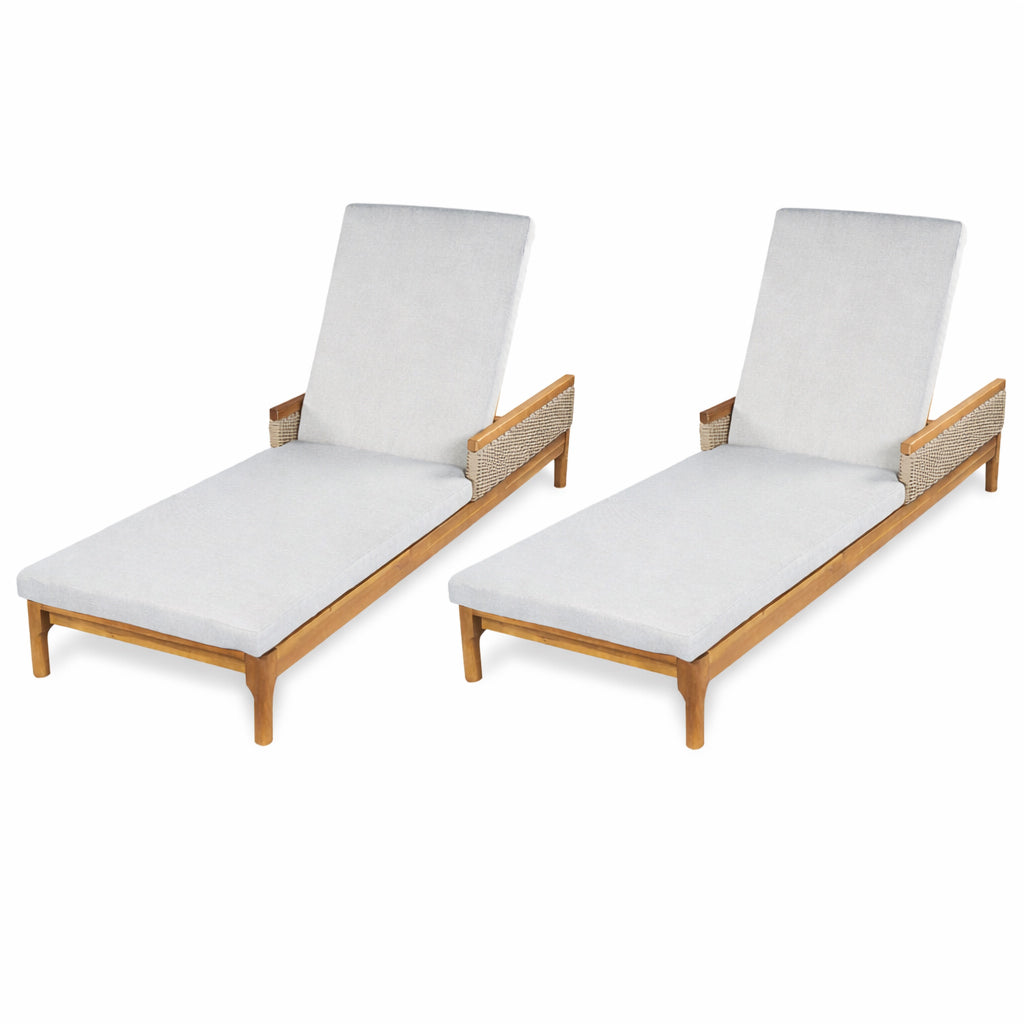 76.8" Solid Acacia Wood Sun Lounger Set of 2 with Grey Cushions