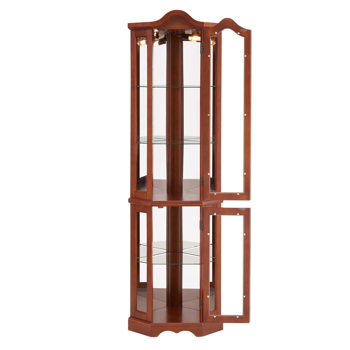 Corner Curio Cabinet With Lights, Adjustable Shelves, Mirrored Back - Walnut