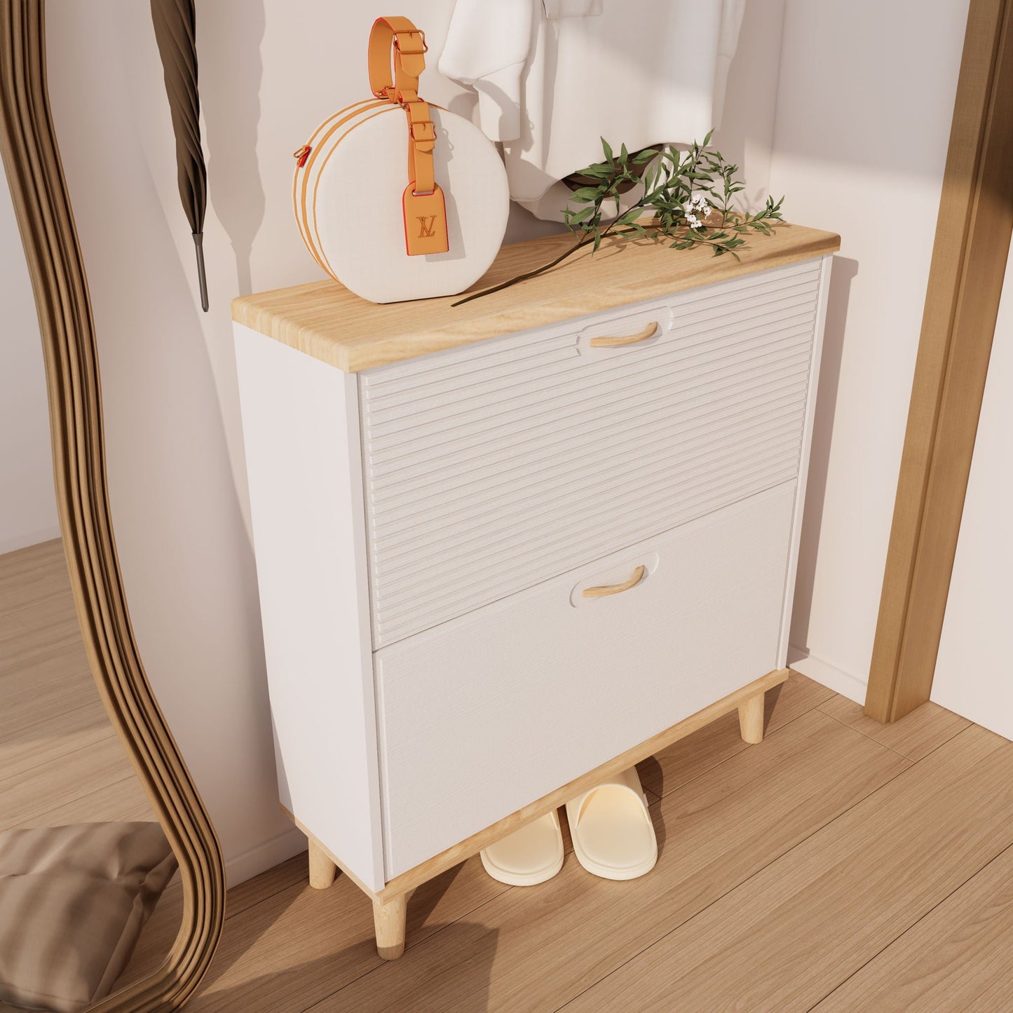 Narrow - Entryway Shoe Storage Cabinet With 2 Flip Drawers Legs - Natural / White