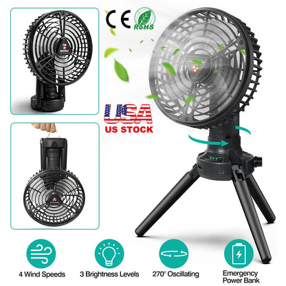 Foldable Camping Fan with Emergency Power Bank 270¡ Oscillating Rechargeable Tripod Fan for Hiking Fishing Personal Desk Fan with 4 Speeds 3 Brightnes