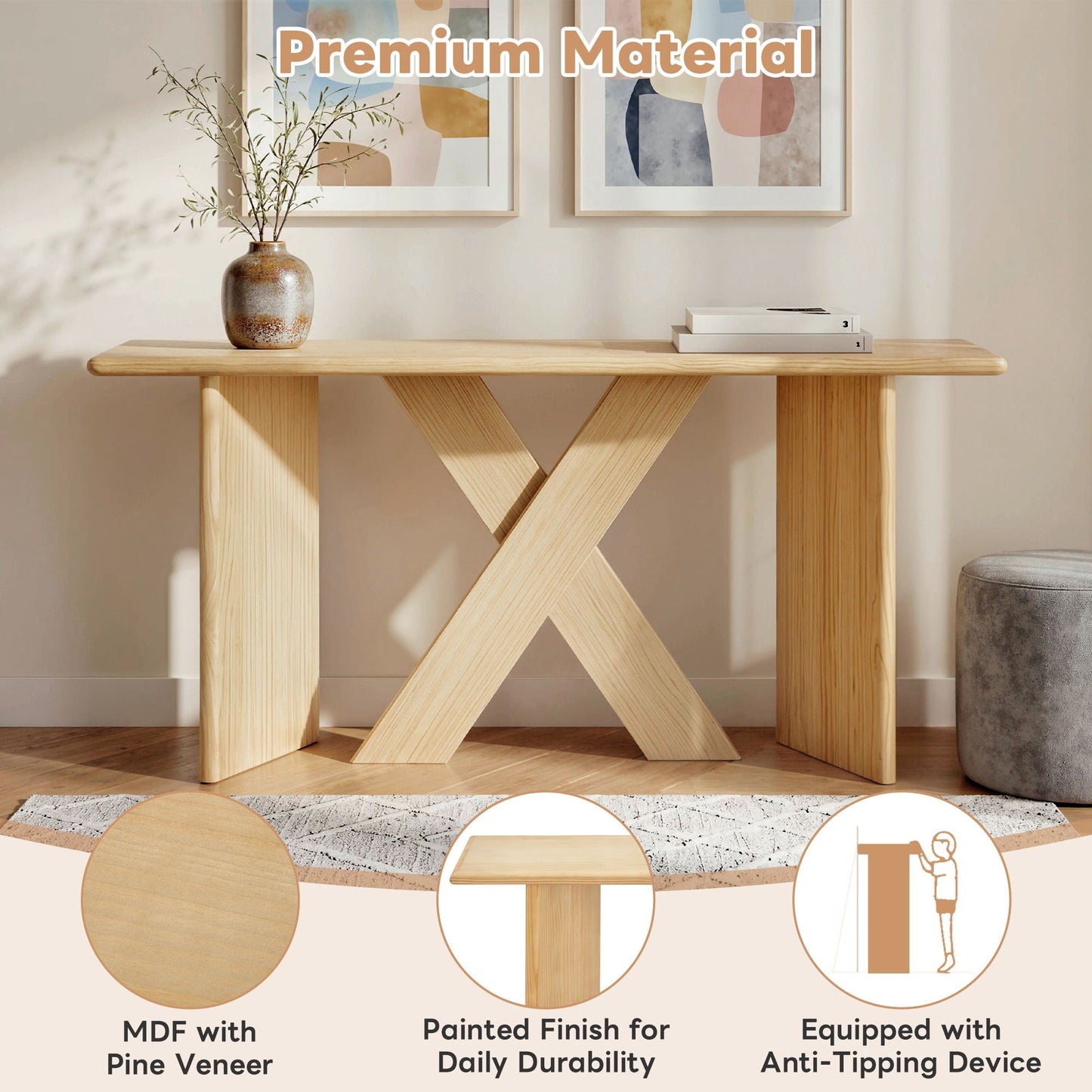 X-Frame Console Table, Angled Cross Leg Design, Rounded Edges - Natural